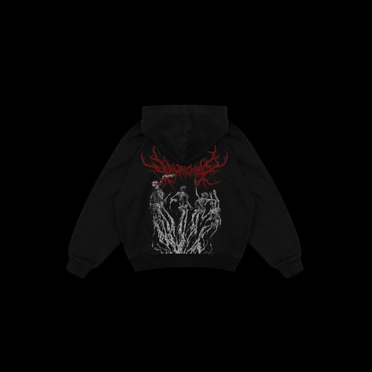 Black Gothic Skeleton Hoodie featuring bold red gothic text and intricate skeletal artwork, designed for lovers of edgy streetwear and gothic fashion.